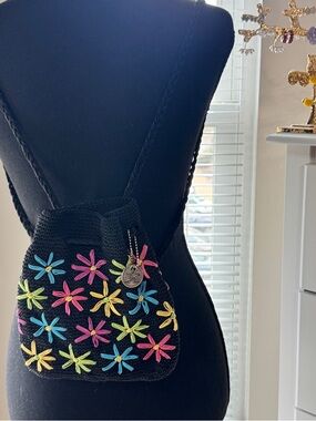 Vintage Xhilaration Black Crochet Backpack Bag with Colorful Daisy Embroidery